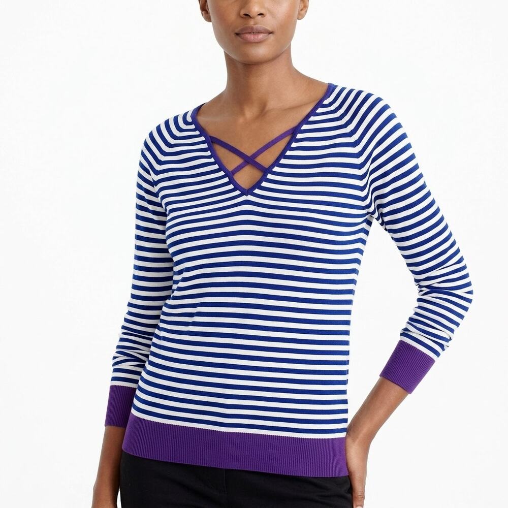J.CREW Blue Striped Pullover Sweater Women Knit Silk Blend Size XS - Picture 1 of 15